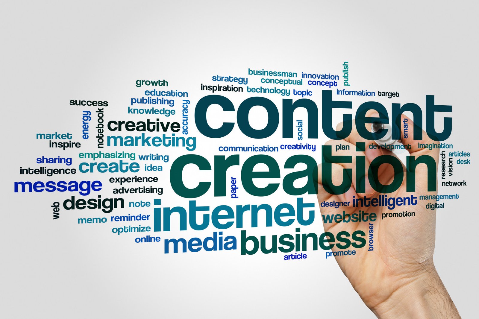 content creation word cloud concept on grey background